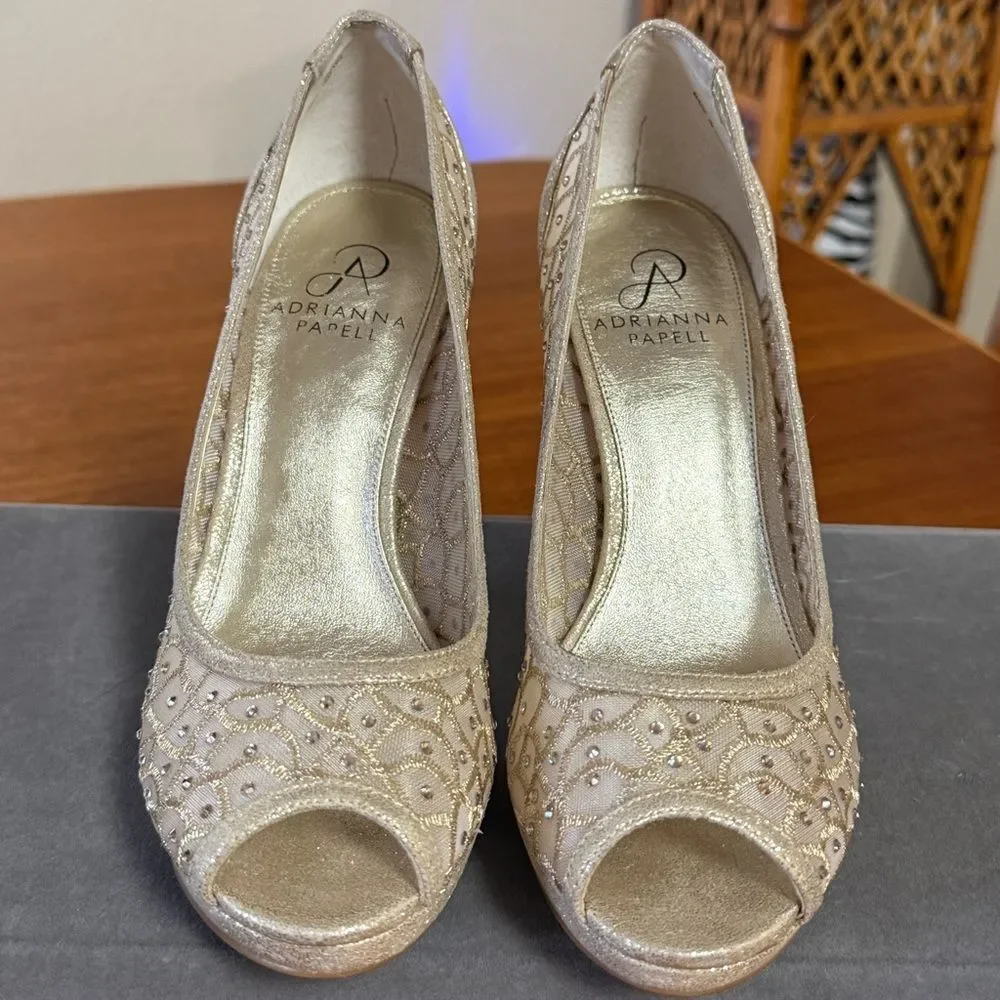 Adrianna Papell Foxy Peep-Toe Mesh Evening Pumps Gold Mesh Uppers Rhinestones 7